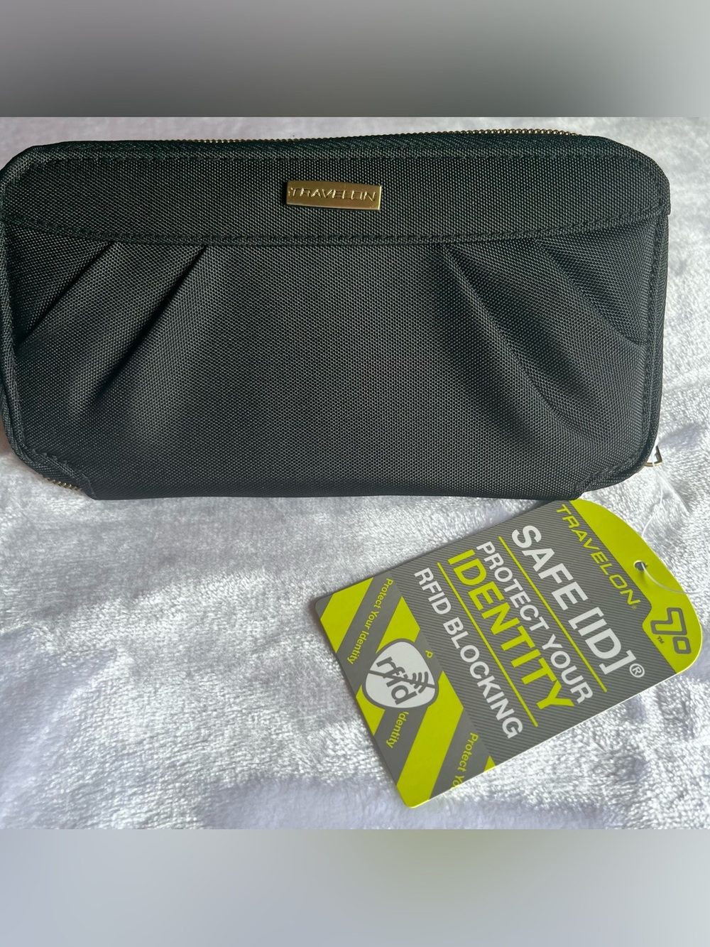 Travelon Black Pleated Nylon Dual Zip Around RFID Clutch Wallet - with Strap